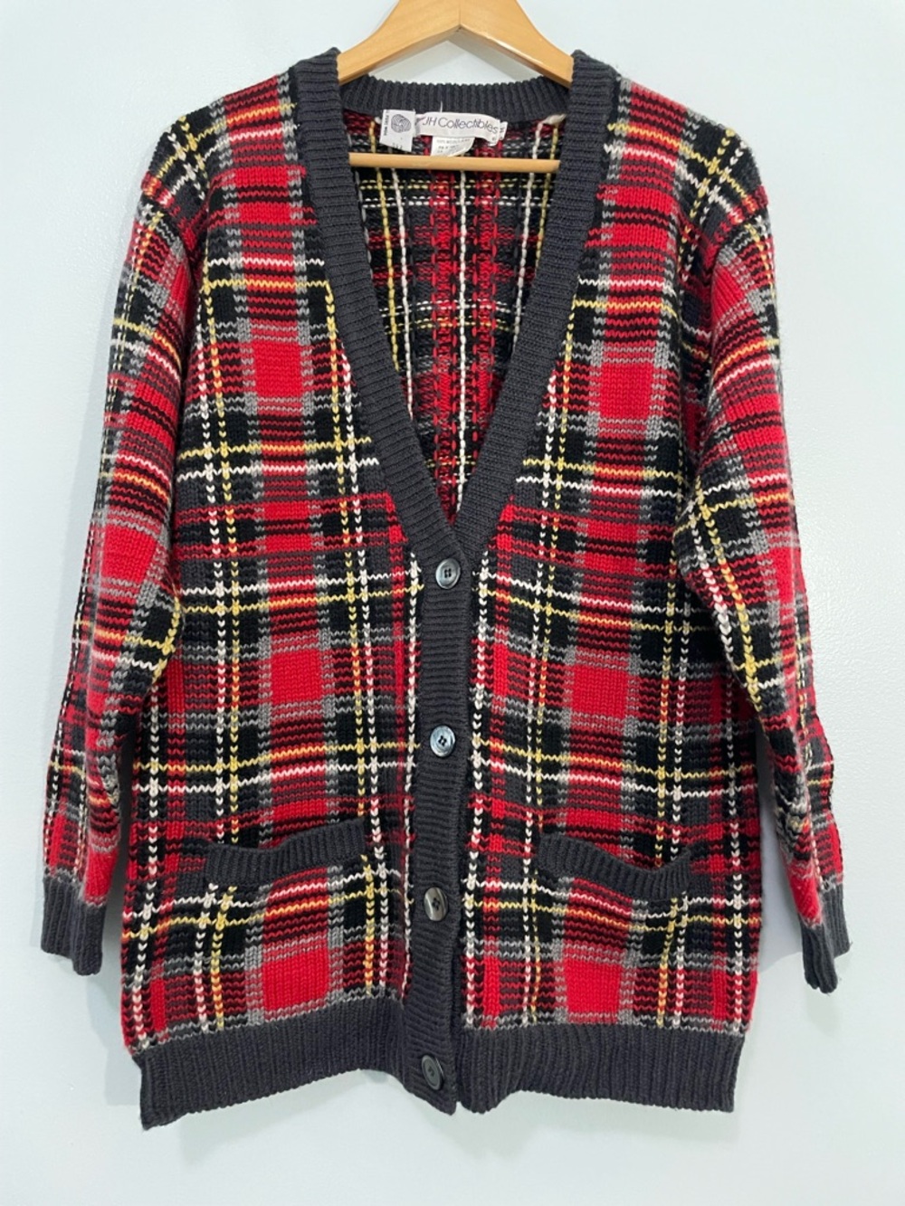 Vintage Wool Red Plaid Button-Up Cardigan with charcoal Trim M